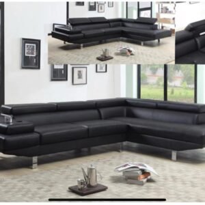 Modern  Leather L-Shaped Sectional Sofa with Adjustable Headrests & Cup Holders