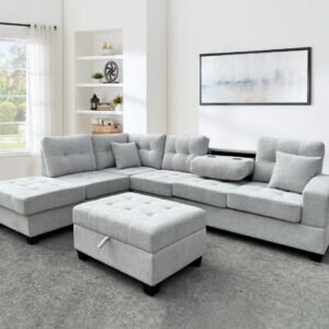 Grey Fabric L-Shaped Sectional Sofa Set with Chaise & Storage Ottoman