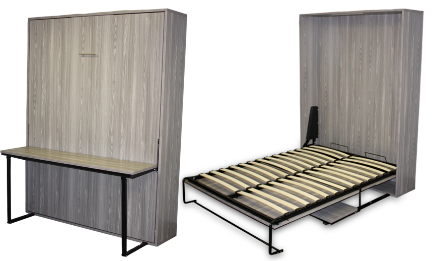 Murphy Wall Bed with Fold-Down Desk – Space-Saving Queen Size Hideaway Bed in Grey Wood Finish