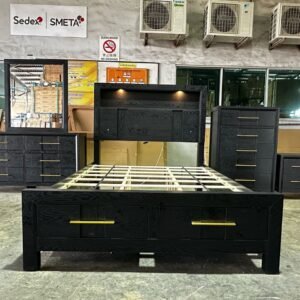 Wood Grain Bedroom Set with LED Headboard, Footboard Drawers, Dresser, Mirror, Chest & Nightstand – Available in White Ash & Black Gold