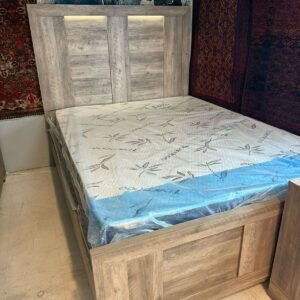 Grey Wood Grain Bed Frame with LED Backlit Headboard & Storage Base