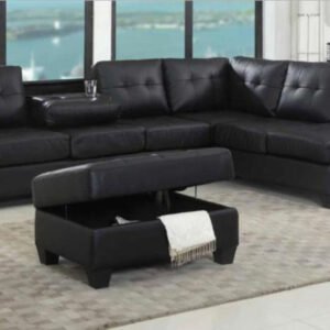 Roma Black Leather Sectional Sofa Set with Storage Ottoman